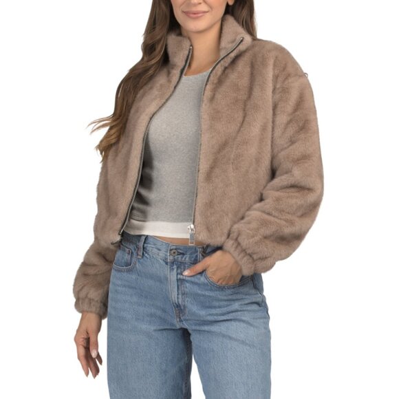 REBECCA MINKOFF Taupe Cropped Faux Fur Bomber Jacket - Picture 1 of 2